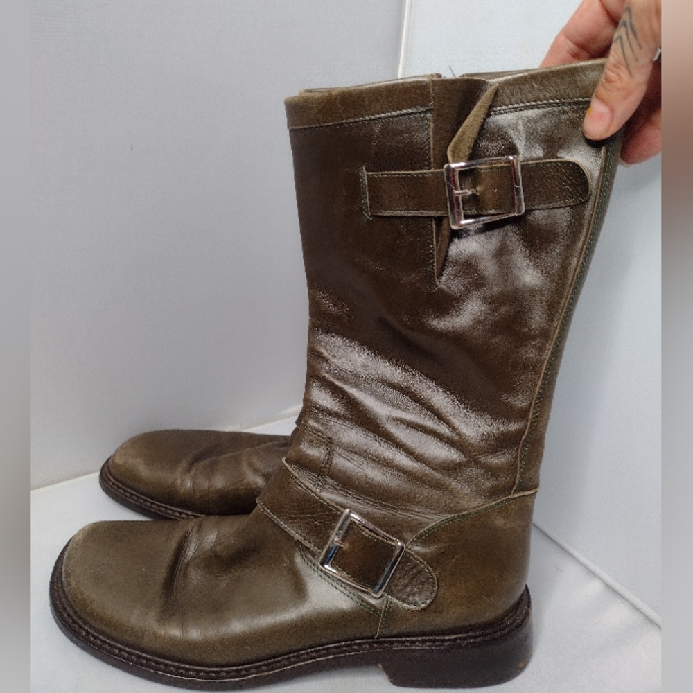 Vintage Donald Pliner WomensLeather Biker Moto Boots 7.5 Green Army B25